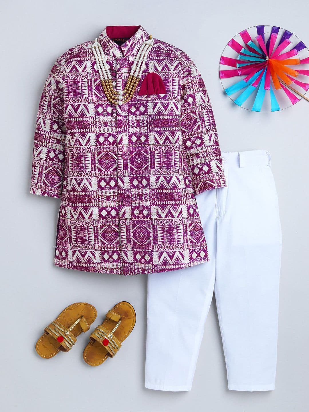 ahhaaaa Boys Geometric Printed Pure Cotton Jodhpuri Sherwani - view 1