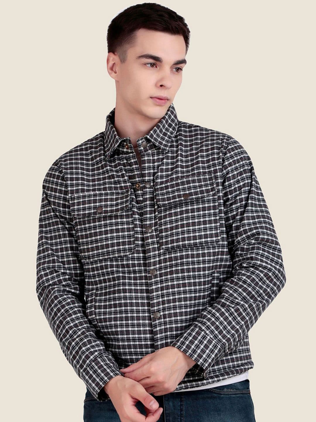 Leather Retail Men Spread Collar Checked Lightweight Tailored Woollen Jacket - view 1