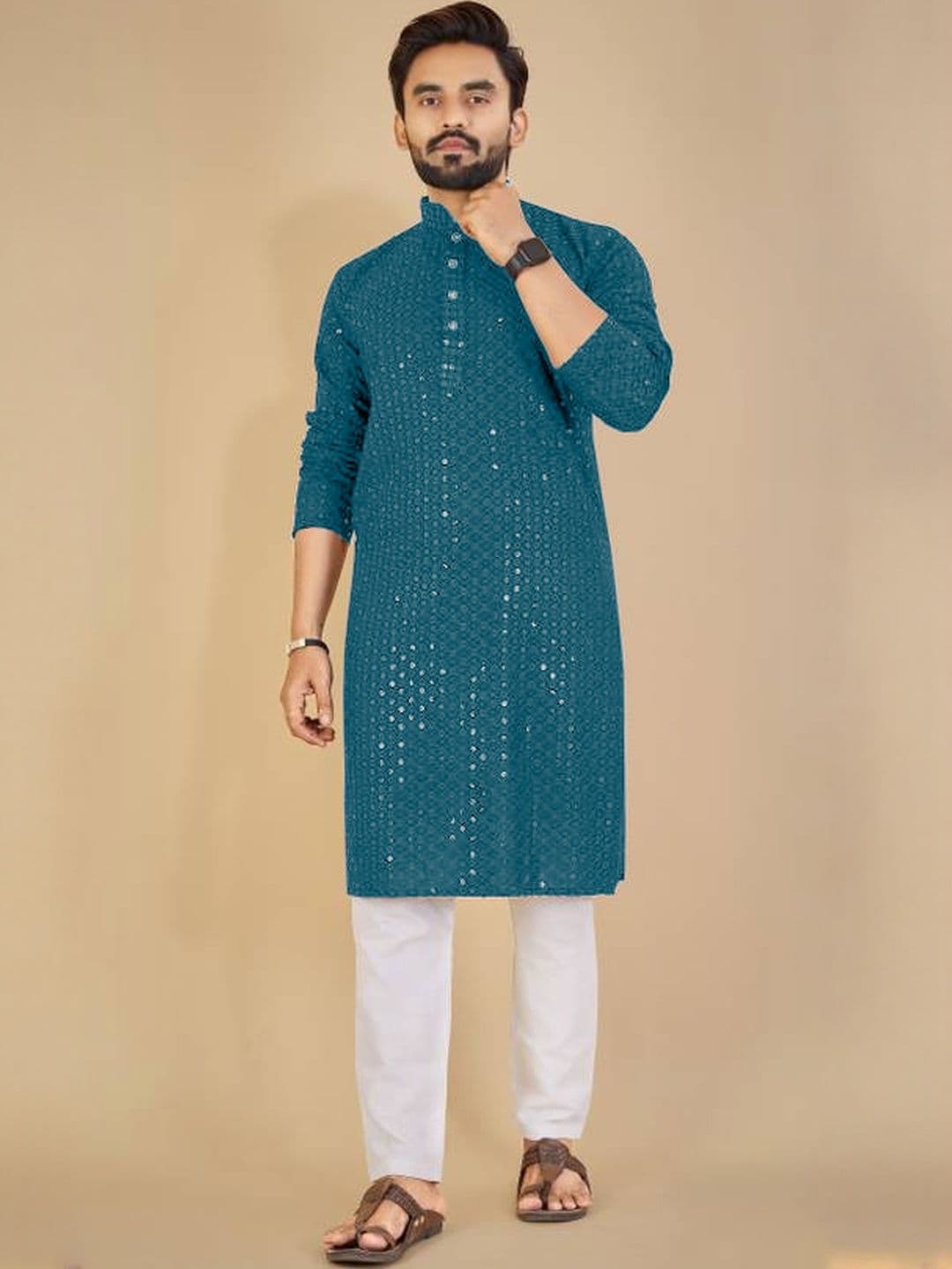 ORIFAB Men Fluorescent Green Cotton Kurtas - view 1