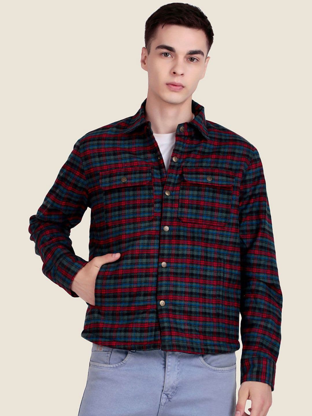 Leather Retail Men Spread Collar Checked Lightweight Tailored Jacket - view 1