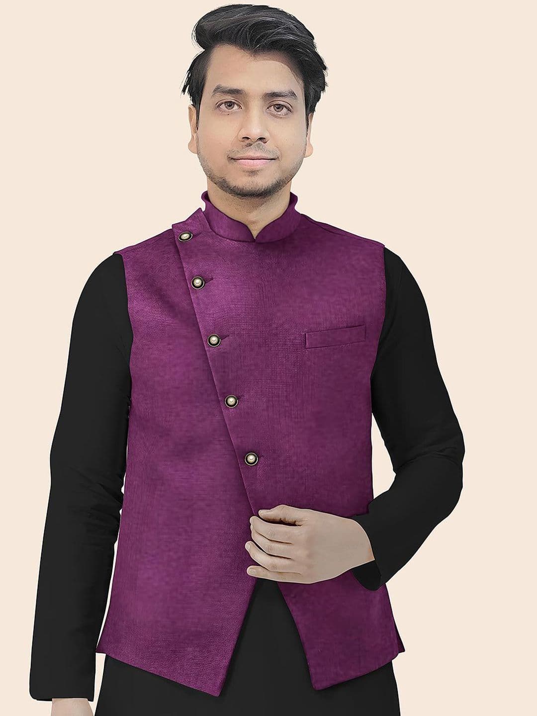 Utsav Fashion Men Solid Color Velvet Nehru Jacket in Dark Purple - view 1