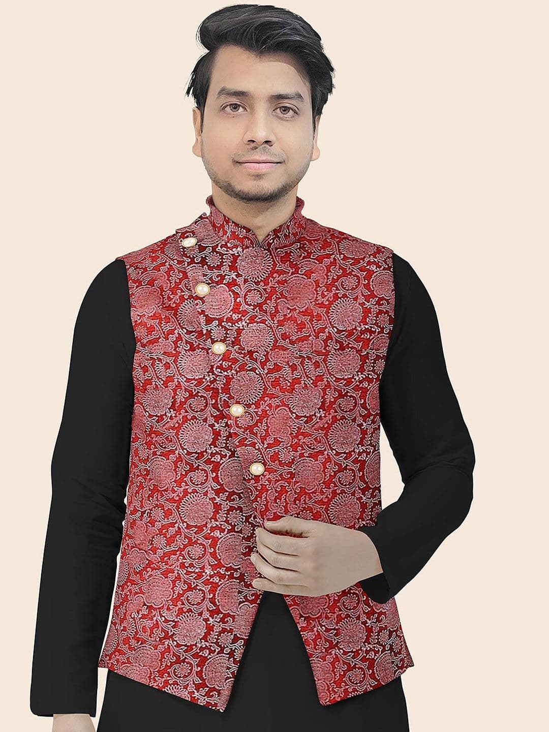 Utsav Fashion Block Printed Art Silk Nehru Jacket in Maroon - view 1