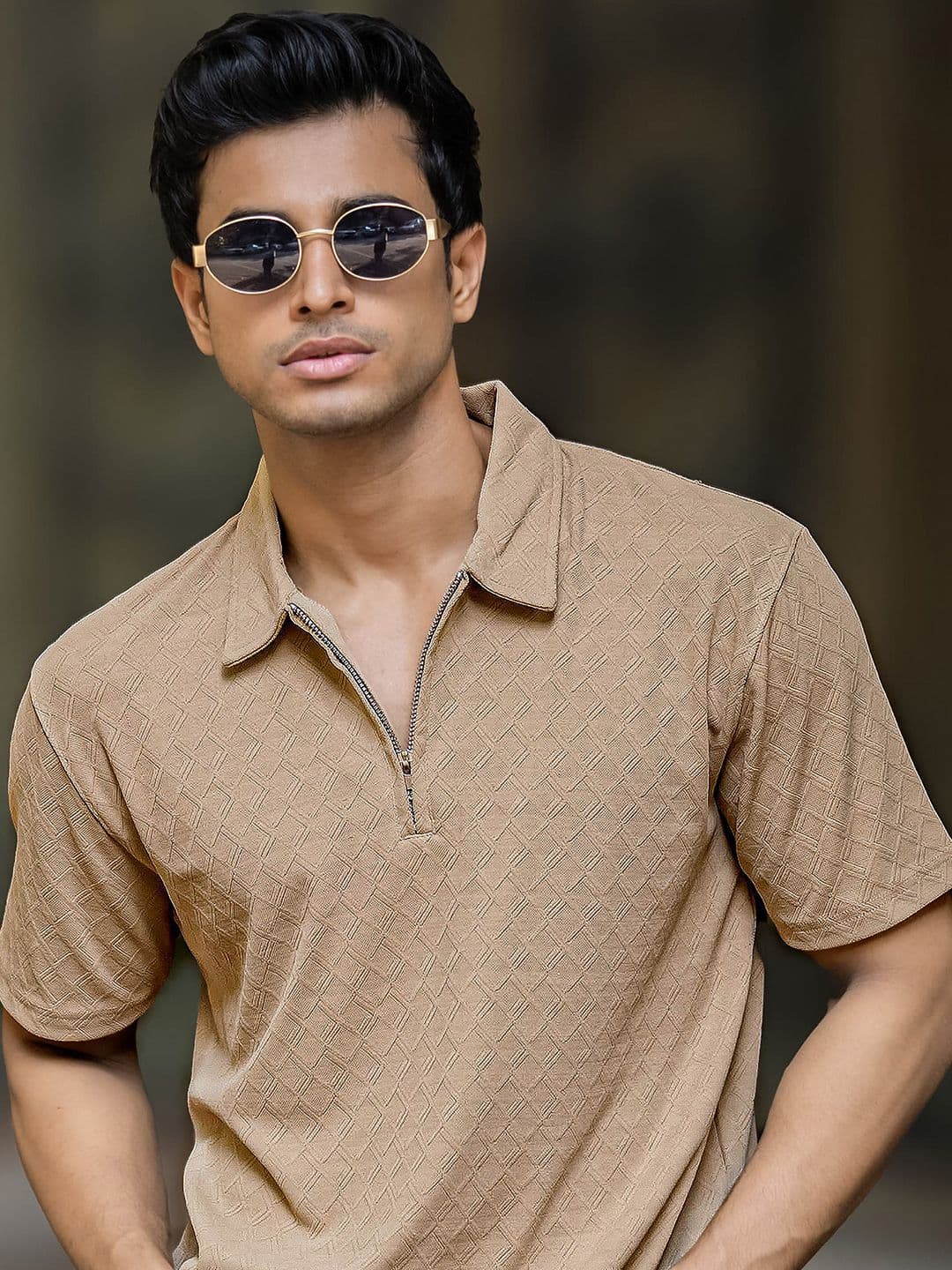 Maniac Textured Polo Collar Slim Fit Cotton T-shirt - view 1