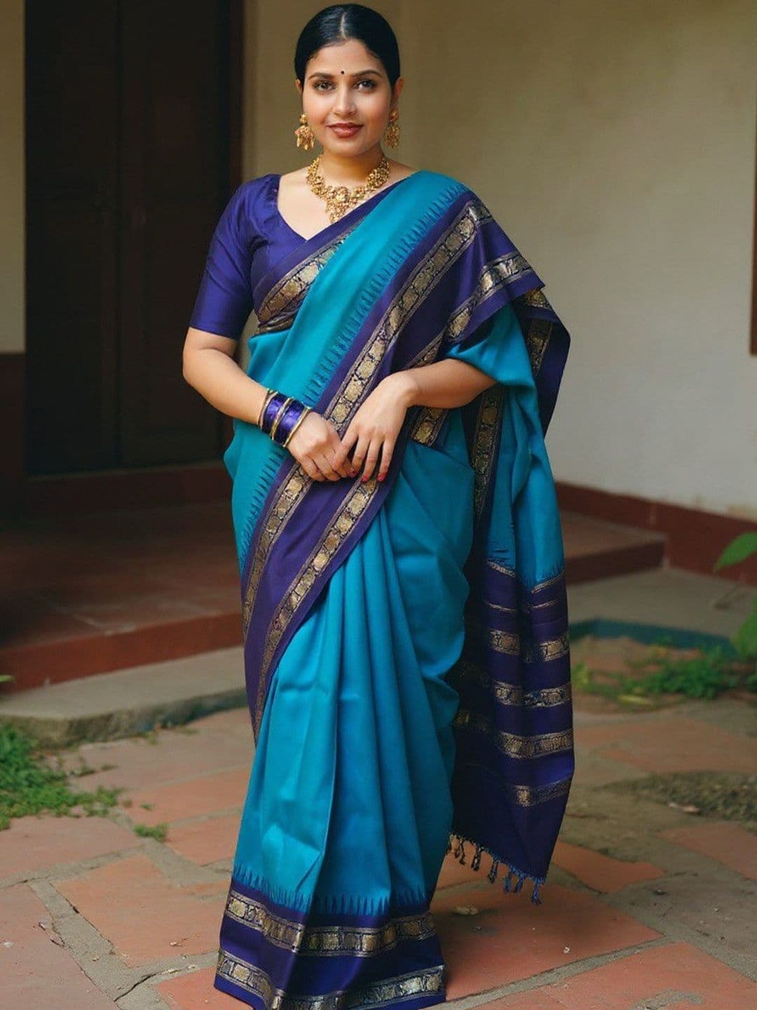 VILLE FASHION Blue Woven Design Art Silk Kanjeevaram Sarees - view 1