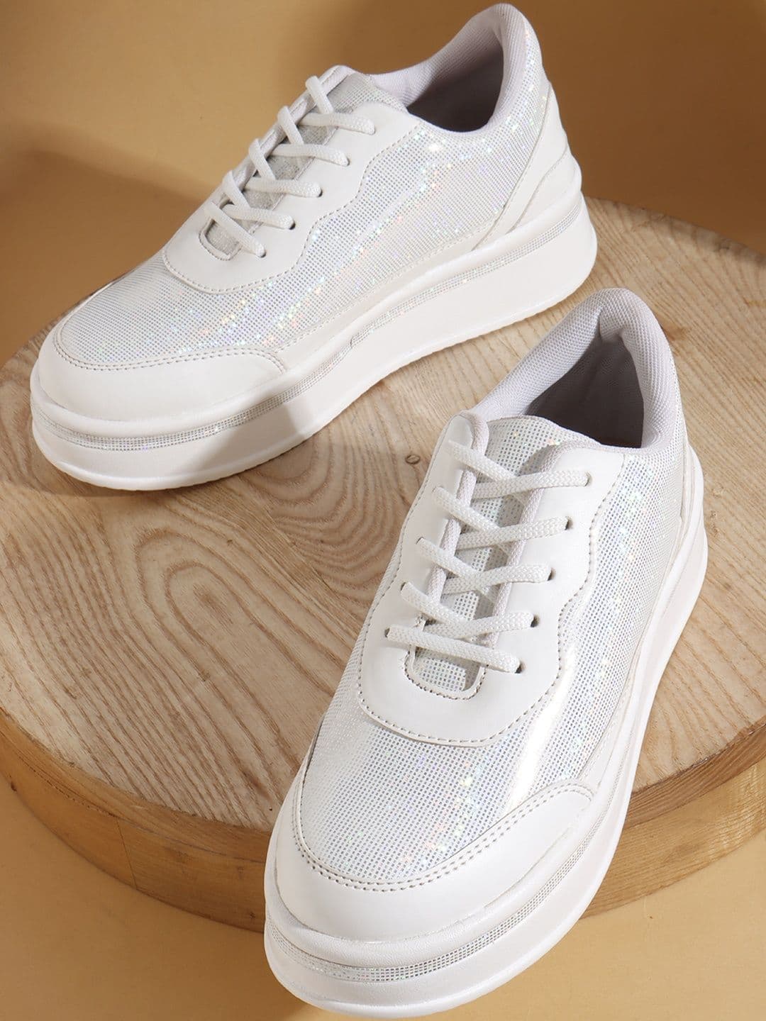 Denill Women White Glitter Mesh Platform Sneakers & Sparkling Lace-Up Casual Shoes - view 1