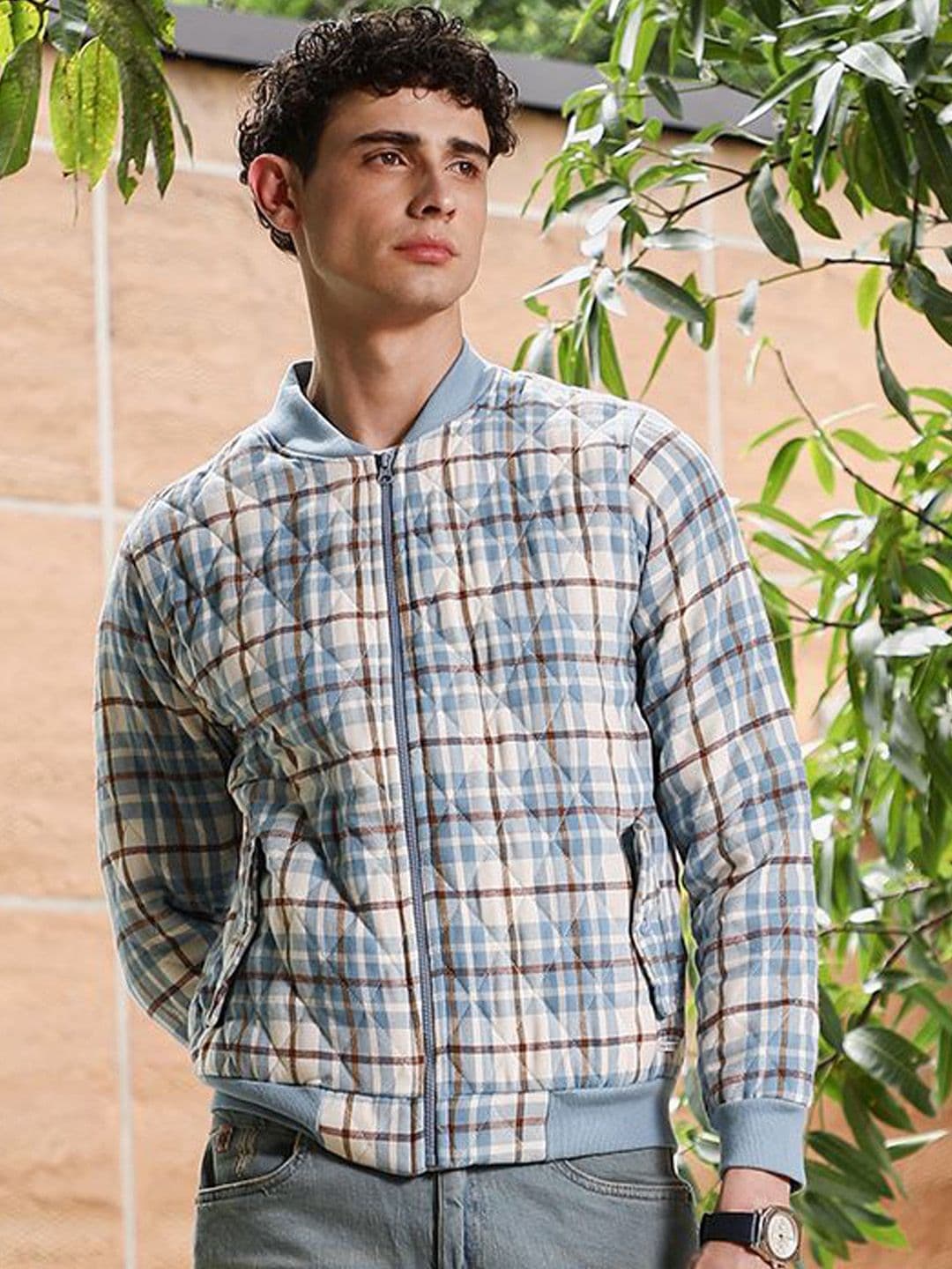 CAHOOT Checked Spread Collar Cotton Lightweight Bomber Jacket - view 1
