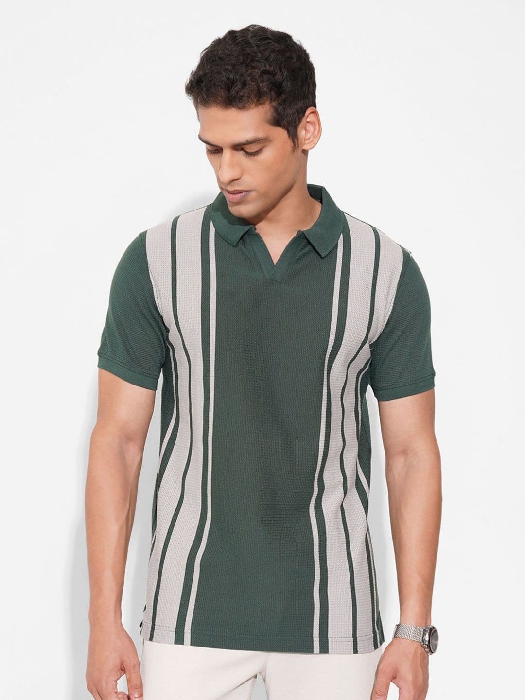 Peregrine by Pantaloons Striped Polo Collar Slim Fit Cotton T-shirt - view 1