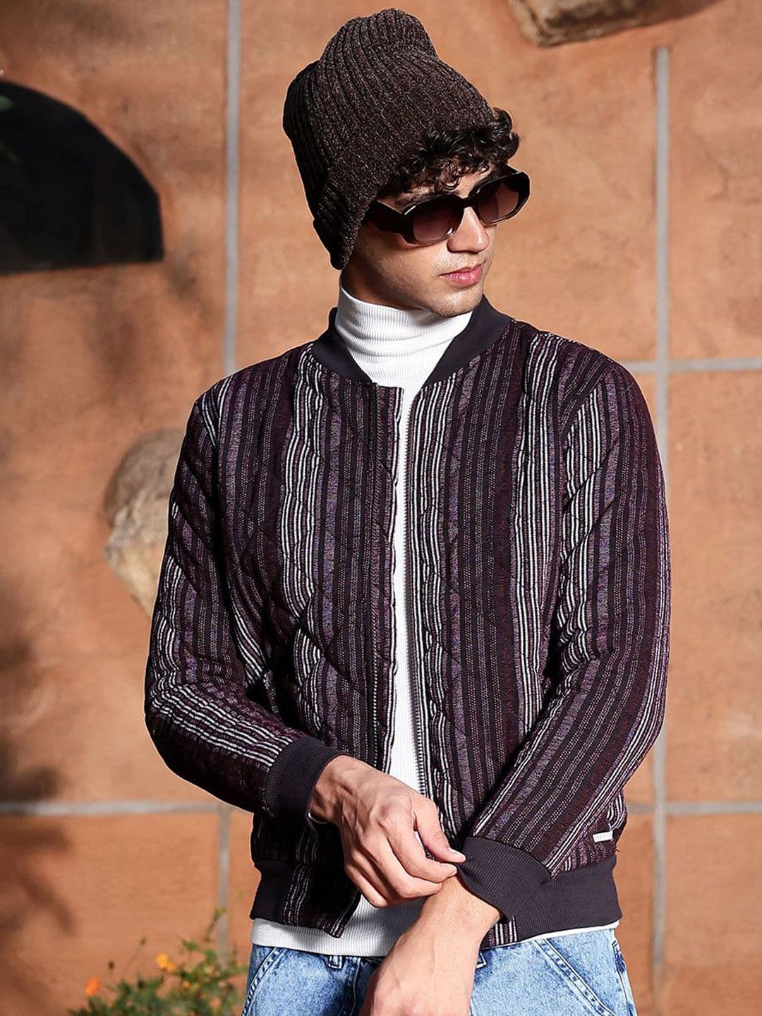 CAHOOT Striped Spread Collar Lightweight Cotton Bomber with Embroidered Jacket - view 1