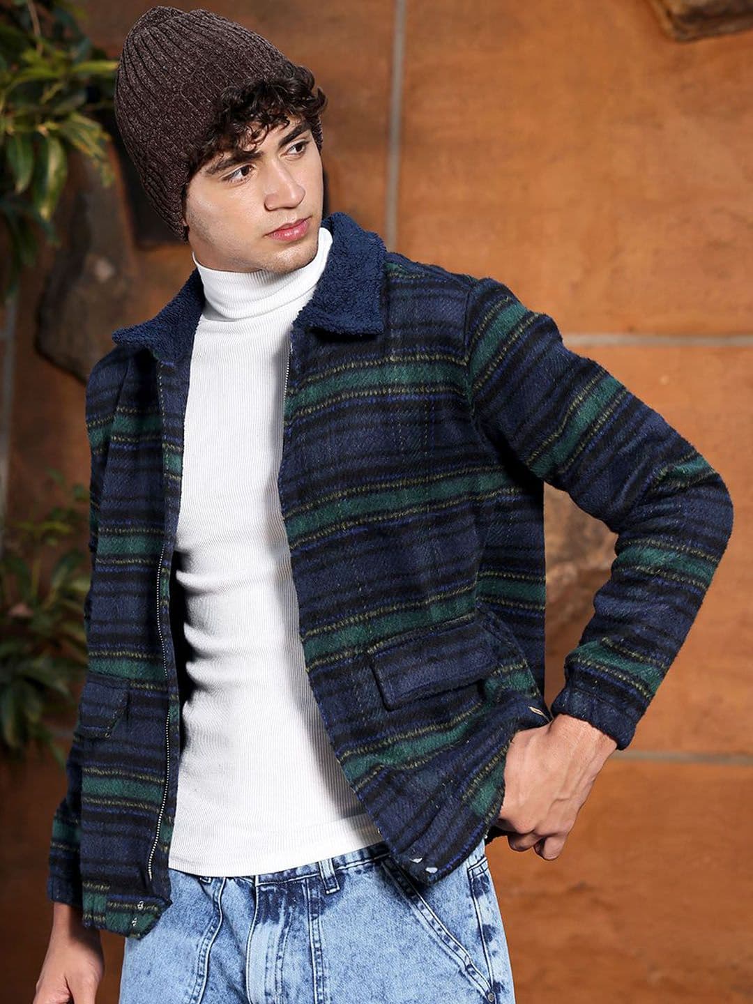 CAHOOT Men Spread Collar Striped Lightweight Sherpa Jacket - view 1