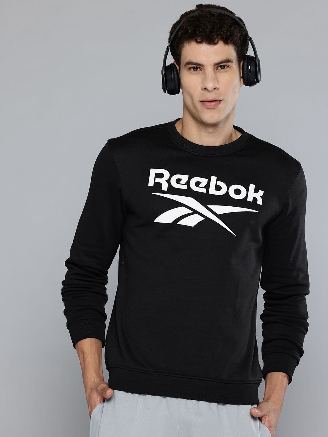 Reebok Brand Logo Printed Round Neck Warm-Up Sweatshirt with Inner Fleece - view 1