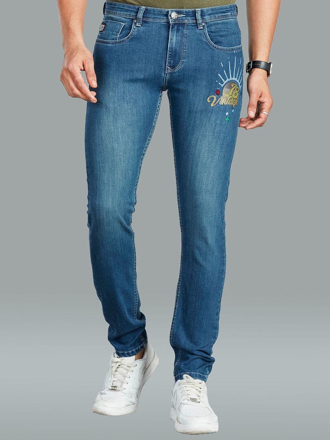 FLYING SHARK Men Slim Fit Mid-Rise Low Distress Light Fade Denim Jeans - view 1