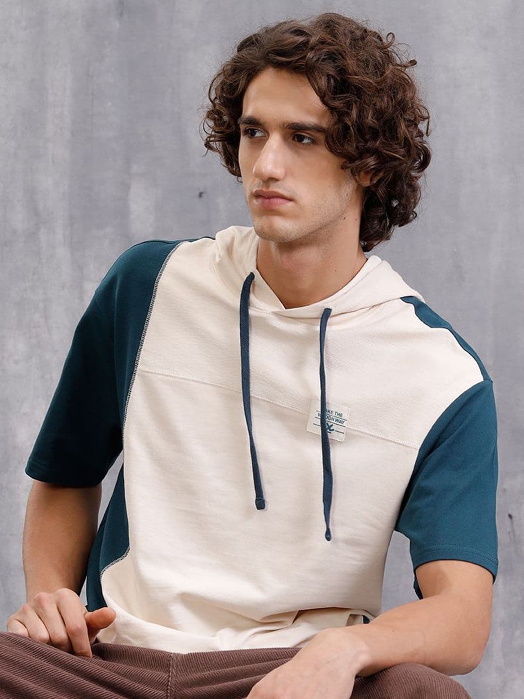 WROGN Men Colourblocked Hooded Cotton Relaxed Fit T-shirt - view 1