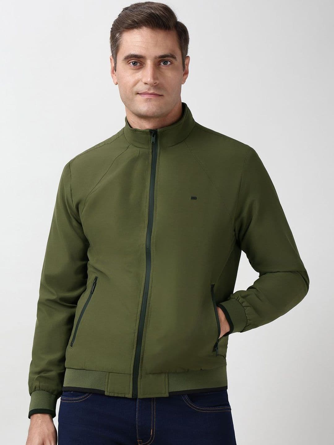 Peter England Casuals Men Stand Collar Solid Open Front Jacket - view 1