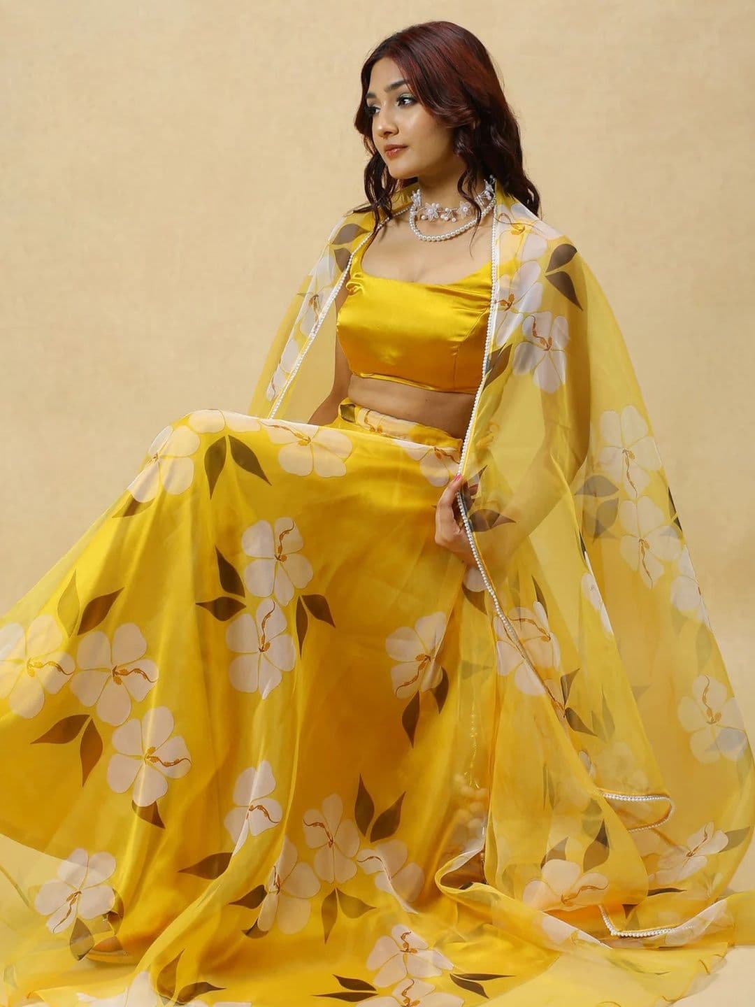 KALINI Printed Organza Semi Stitched Lehenga & Ready to Wear Blouse With Dupatta - view 1