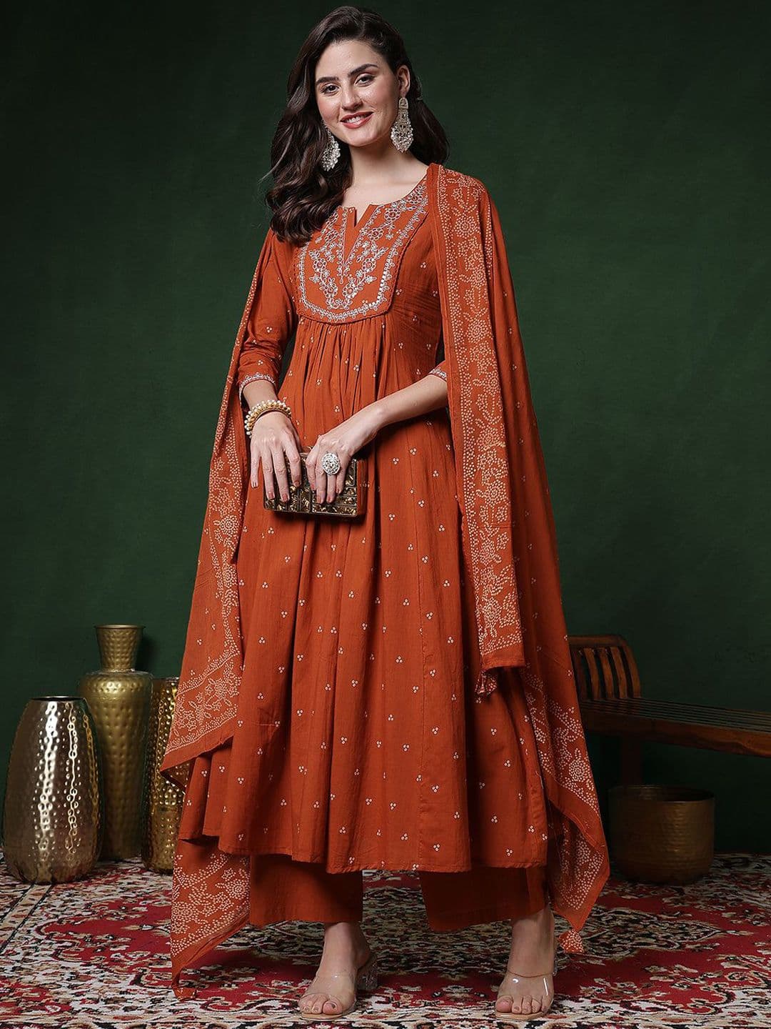 Sangria Women Ethnic Motifs Printed Pure Cotton Anarkali Kurta with Palazzo & Dupatta - view 1