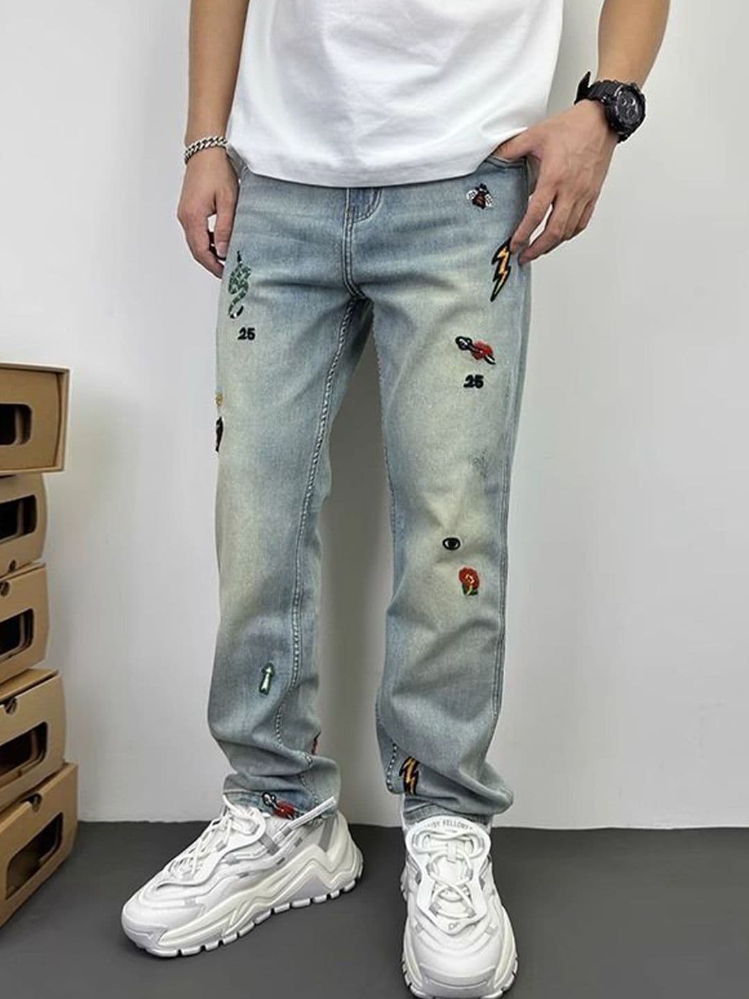 StyleCast x Revolte Men Straight Fit Mid-Rise Light Fade Embroidered Jeans - view 1