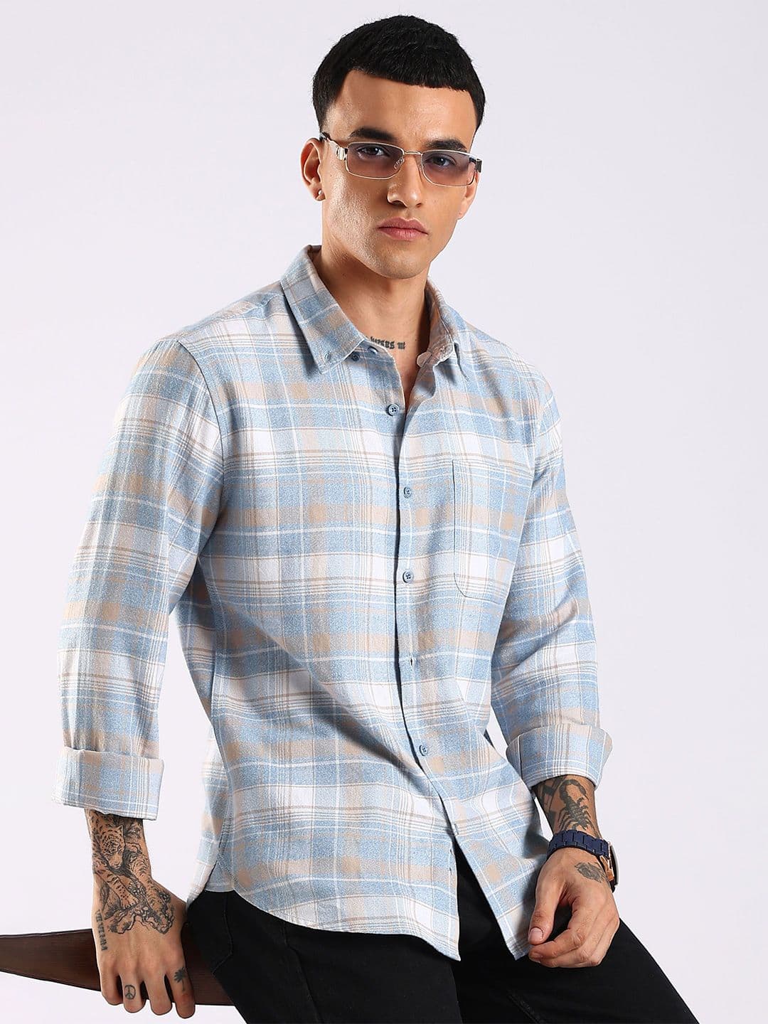 HERE&NOW Tartan Checked Button-Down Collar Slim Fit Cotton Shirt - view 1