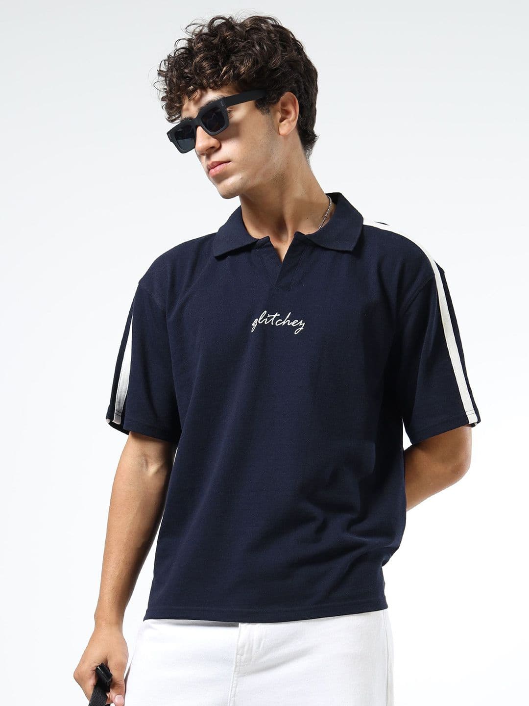 glitchez Typography Printed Polo Collar Oversized T-shirt - view 1