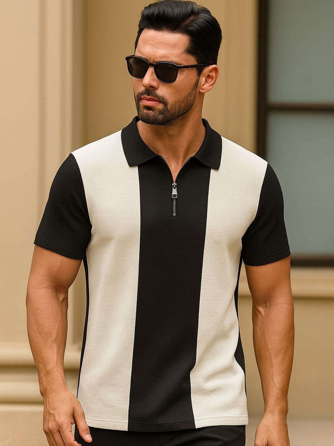 KAJARU Men Striped Colourblocked Polo Collar Zipper T-shirt - view 1