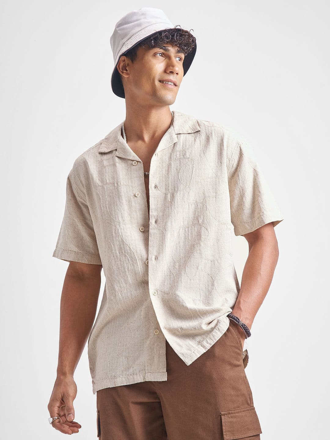 HIGHLANDER Jacquard Spread Collar Short Sleeves Relaxed Fit Shirt - view 1