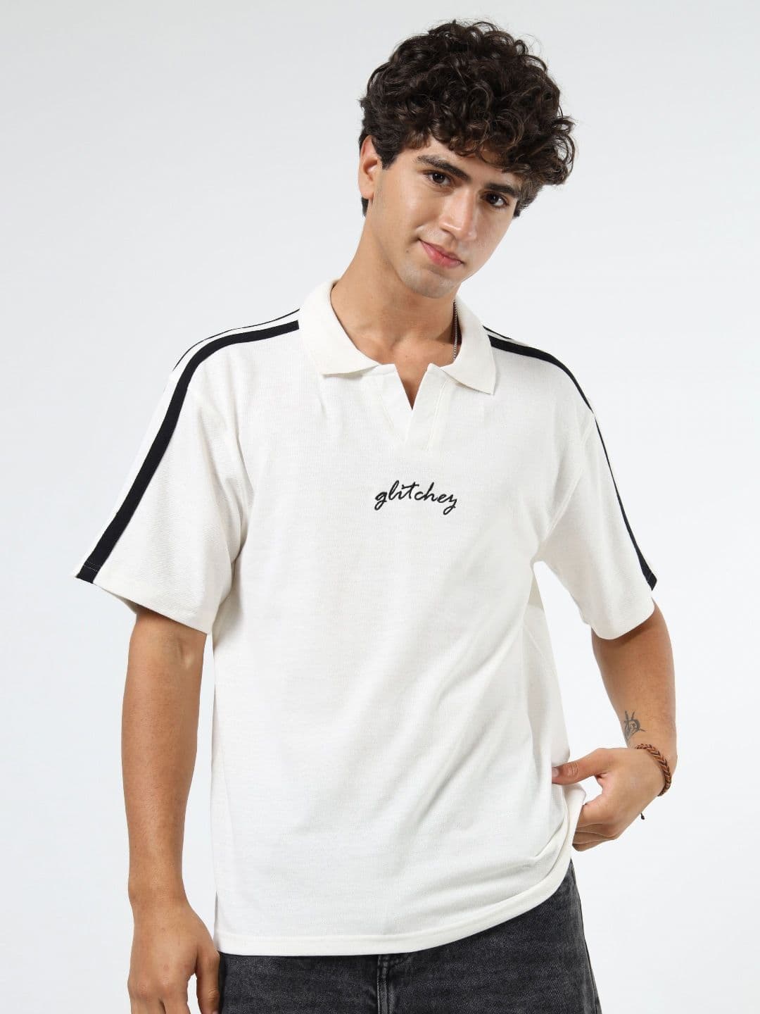 glitchez Typography Printed Polo Collar Oversized T-shirt - view 1