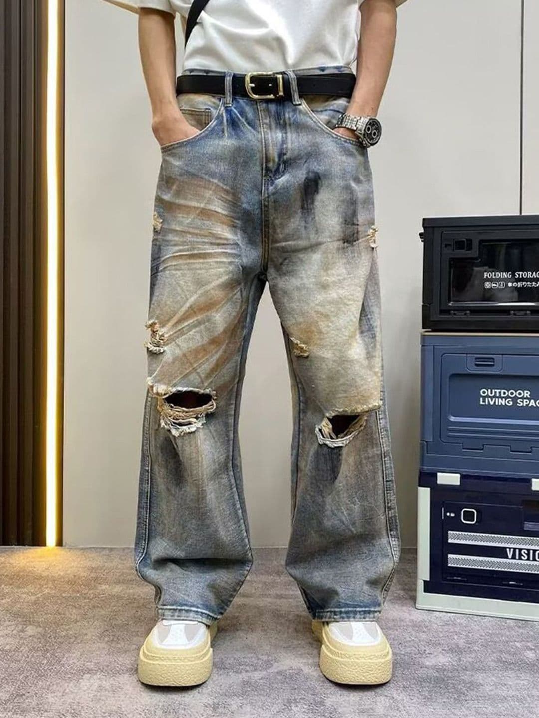 StyleCast x Revolte Men Baggy Fit Mid-Rise Slash Knee Heavy Fade Jeans - view 1