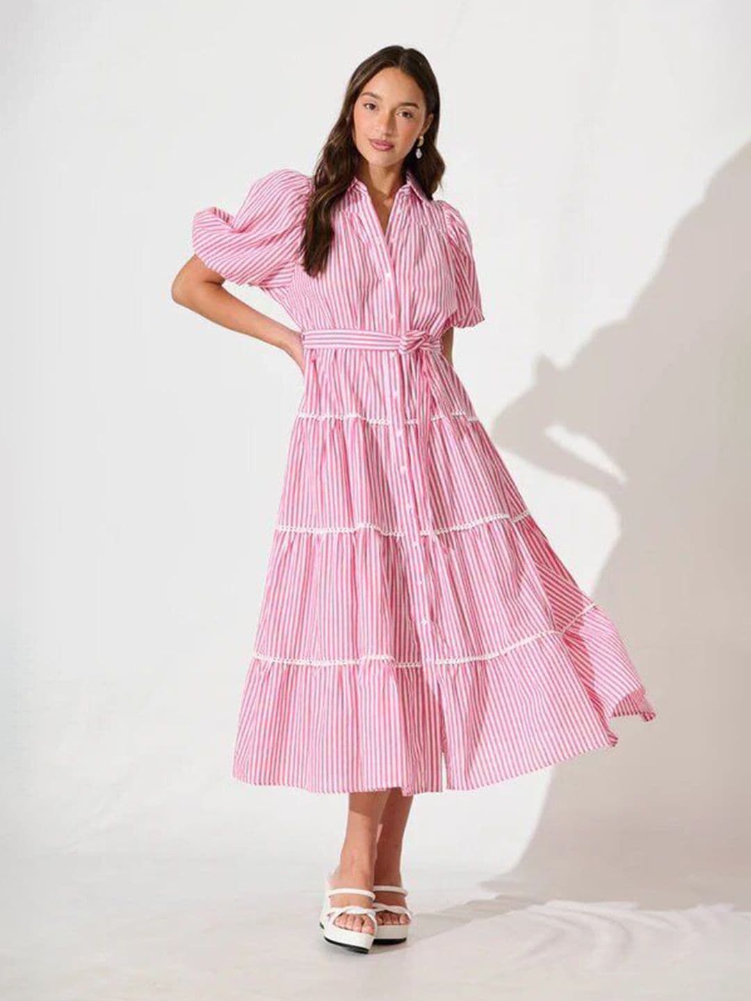 Burgstudio9 Women Striped Shirt Collar Puff Sleeve Tiered Cotton Fit & Flare Dress - view 1