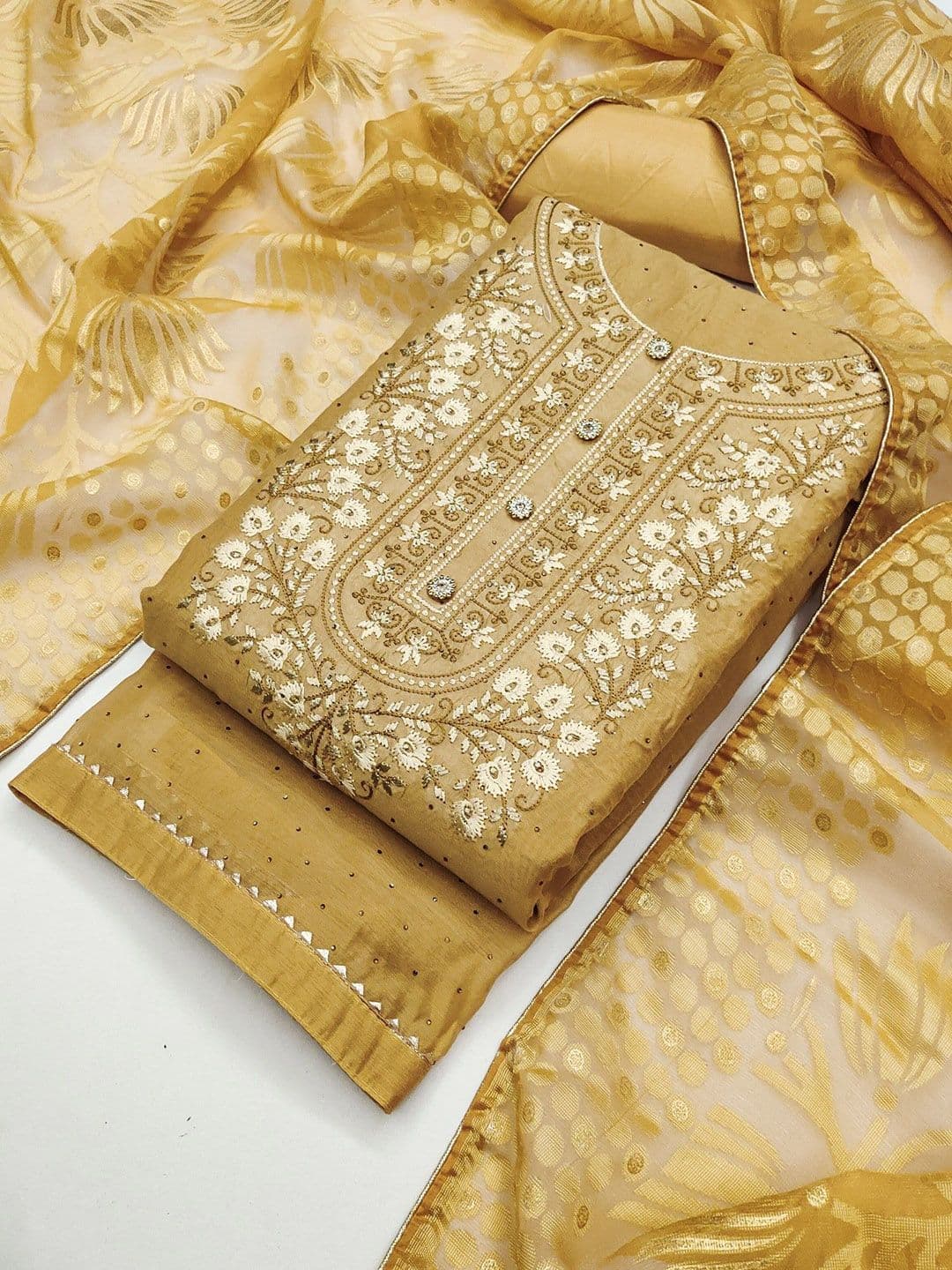 TAVAS Embroidered Thread Work Chanderi Unstitched Dress Material - view 1
