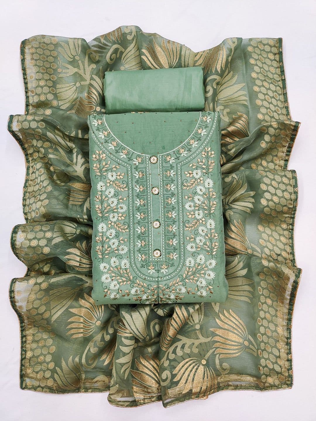 TAVAS Floral Chanderi Embroidered Sequinned Unstitched Dress Material - view 1