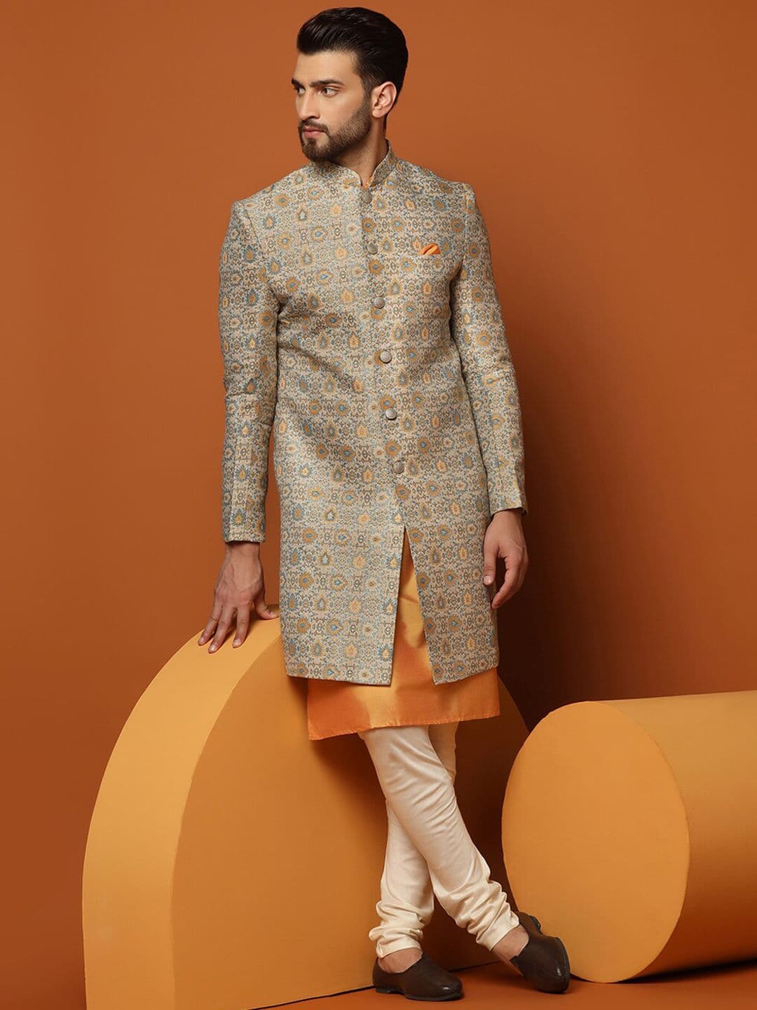 KISAH Men Self-Design Cotton Indowestern Sherwani Set - view 1
