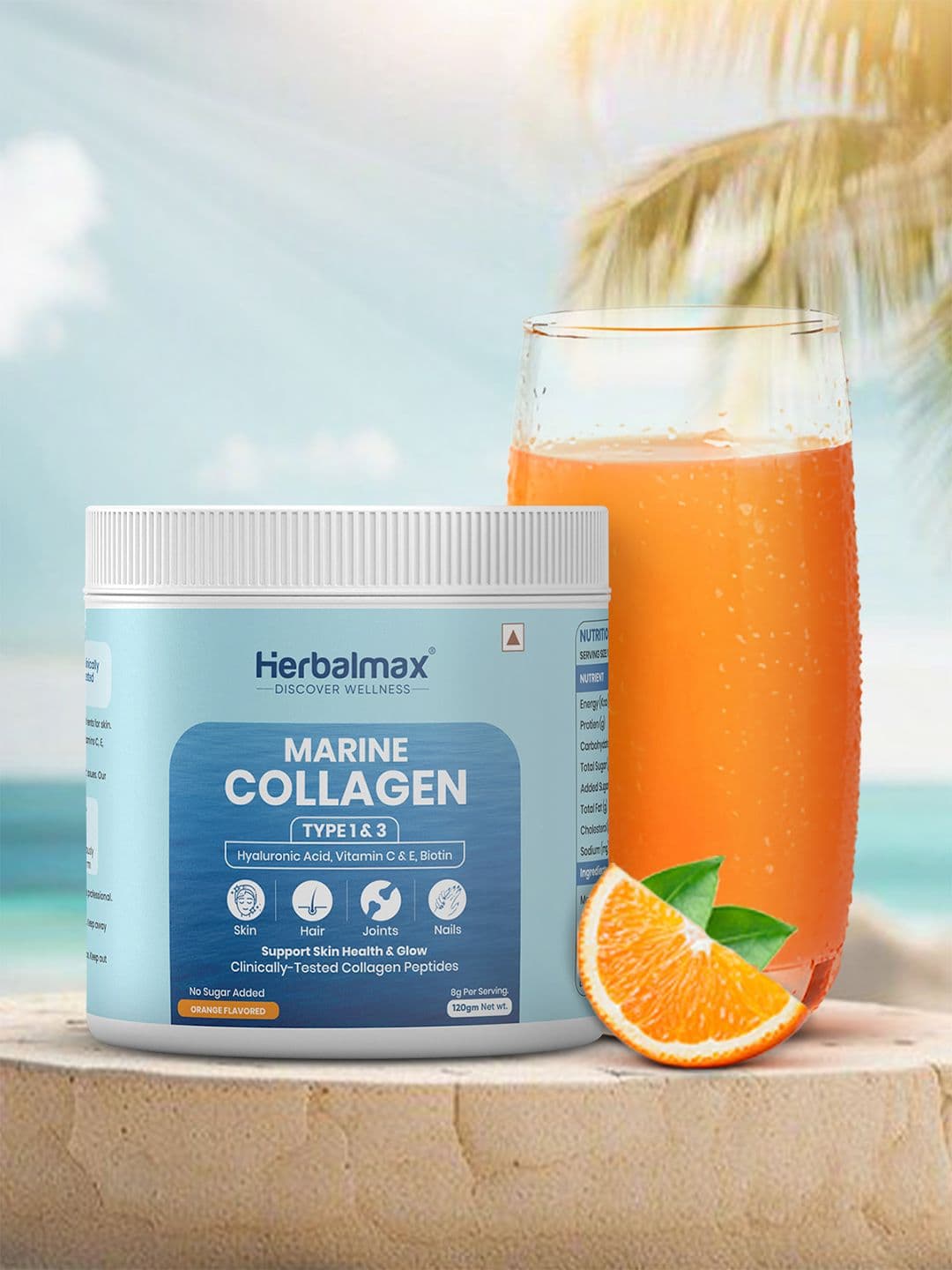 Herbal max Marine Collagen Powder with Hyaluronic Acid & Vitamin E 120g - Orange Flavor - view 1