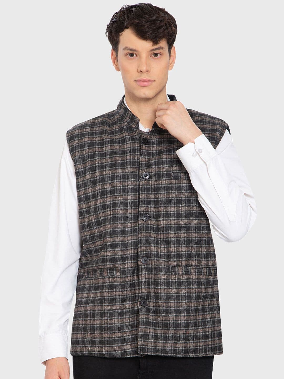 HAUTEMODA Men Mock Collar Checked Tailored Jacket - view 1