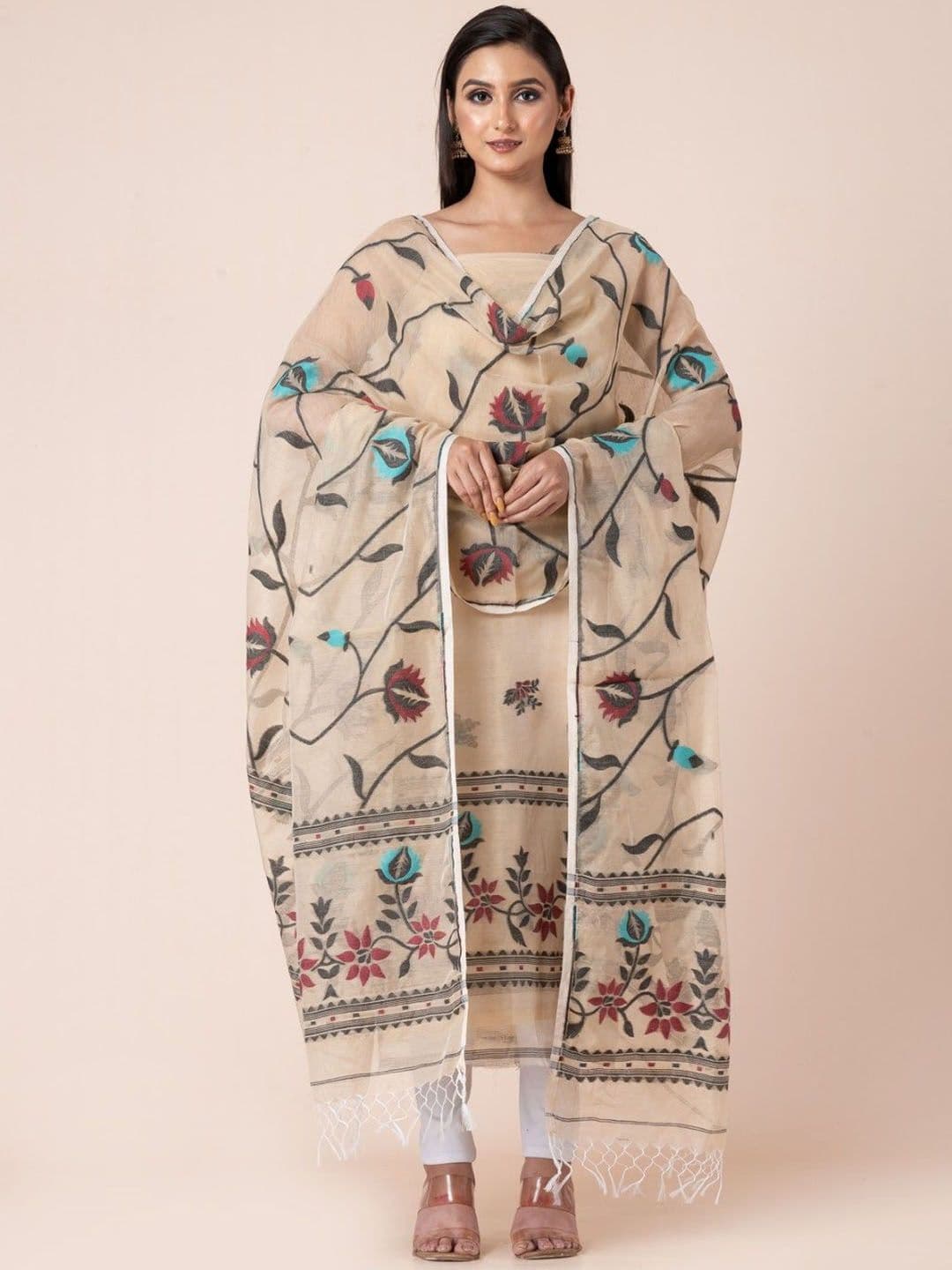 Durga Handlooms Jamdani Woven Design Zari Pure Cotton Unstitched Kurti Material with Dupatta - view 1