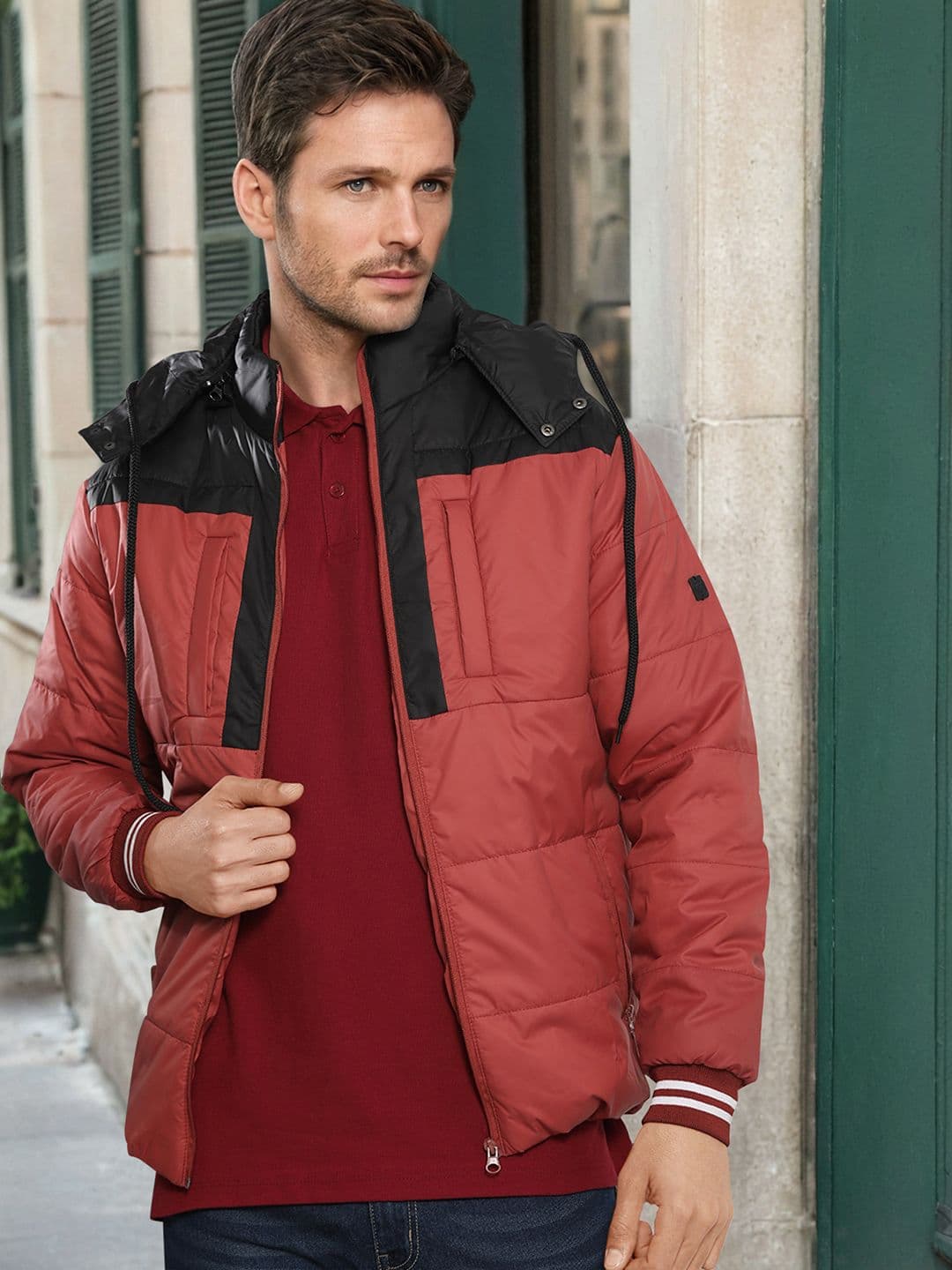 The Indian Garage Co Men Colourblocked Detachable Hood Padded Jacket - view 1