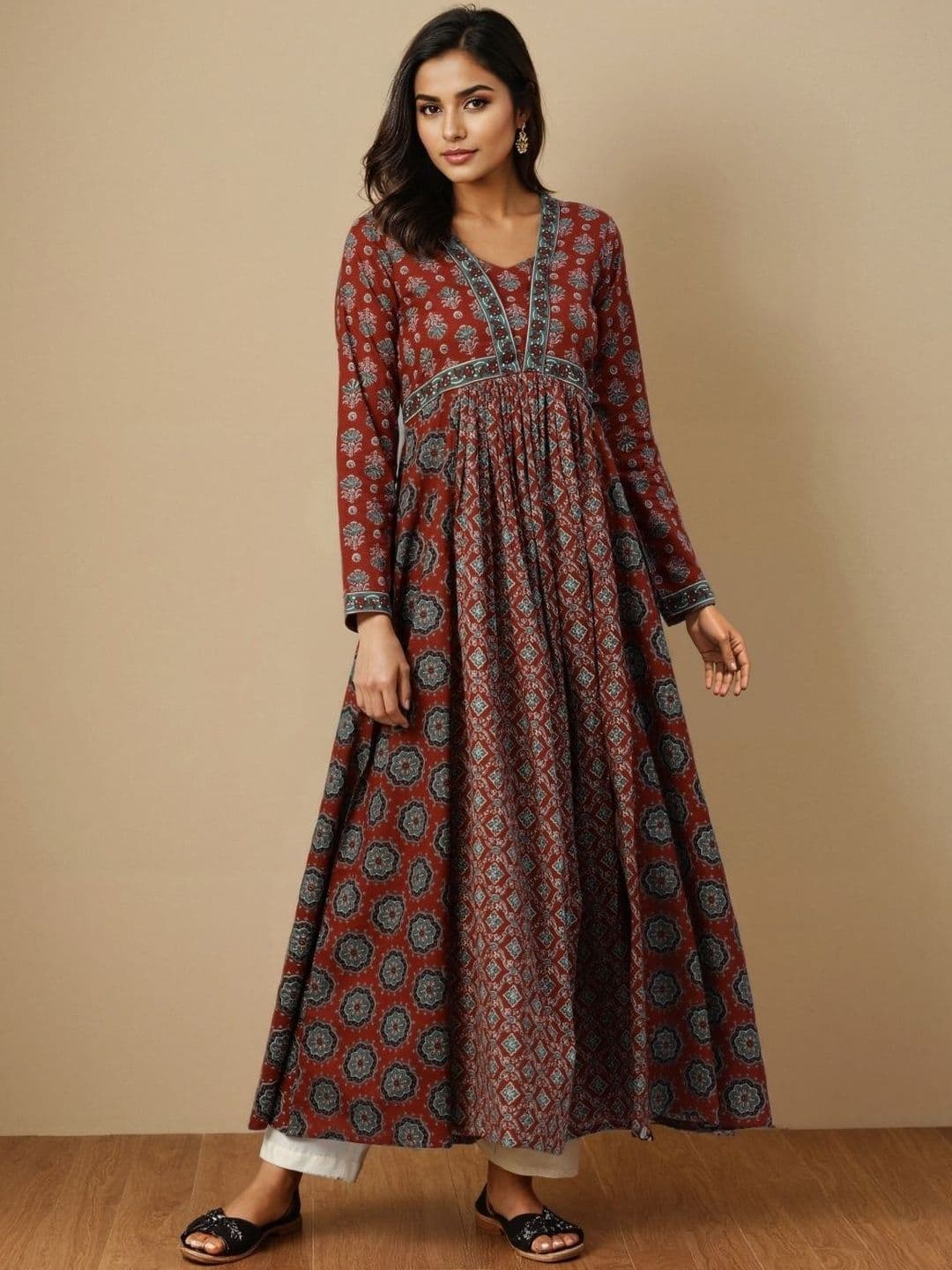 SZN Women Maroon Cotton Floral Print Anarkali Stitched Kurta - view 1