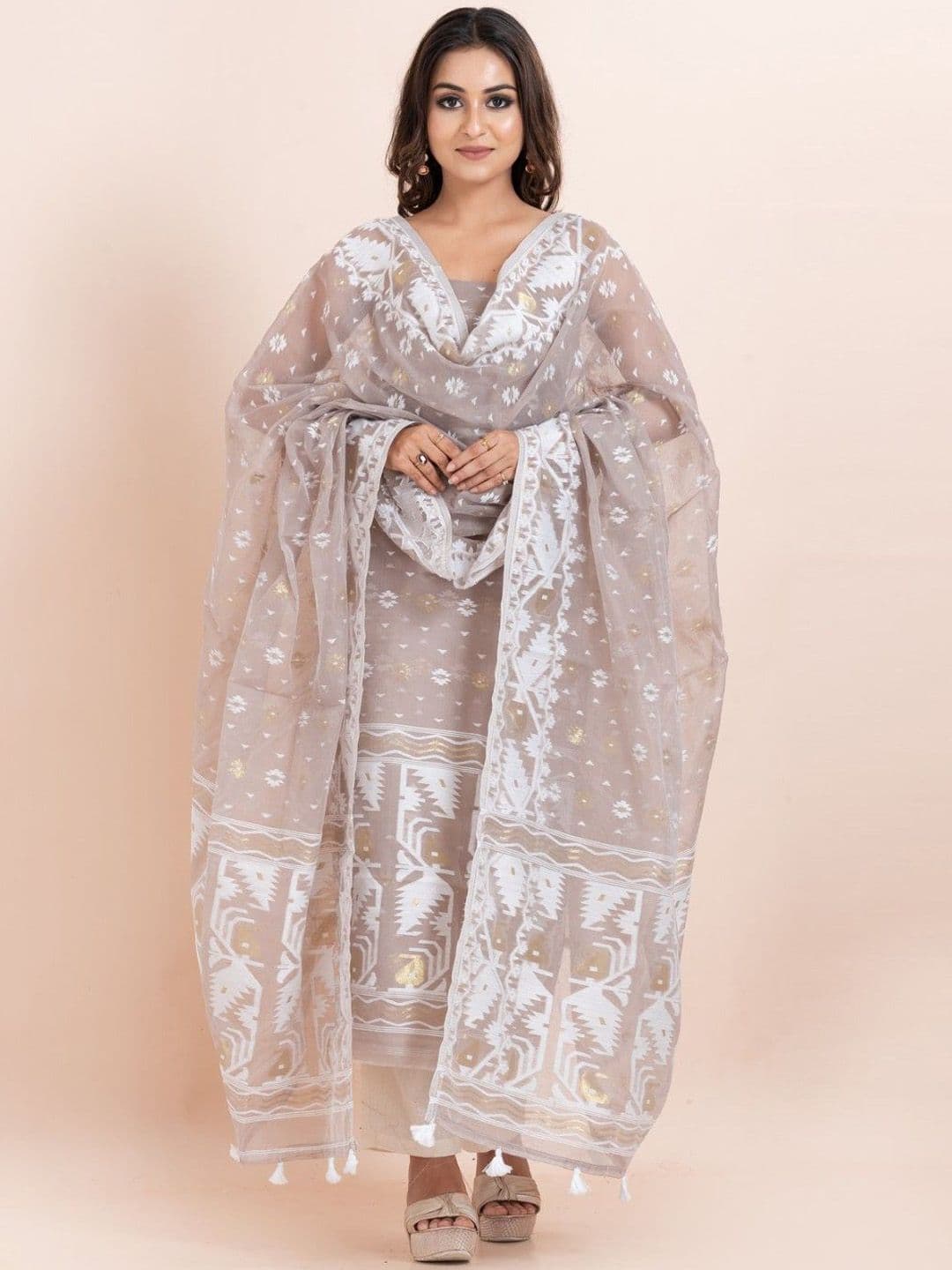 Durga Handlooms Jamdani Unstitched Woven Design Zari Pure Cotton Kurti with Dupatta - view 1