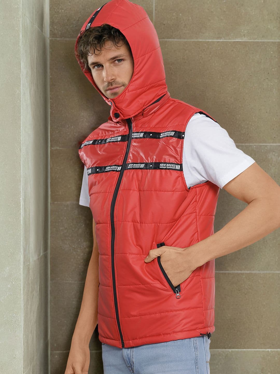 The Indian Garage Co Men Red Solid Padded Detachable Hood Jacket - view 1