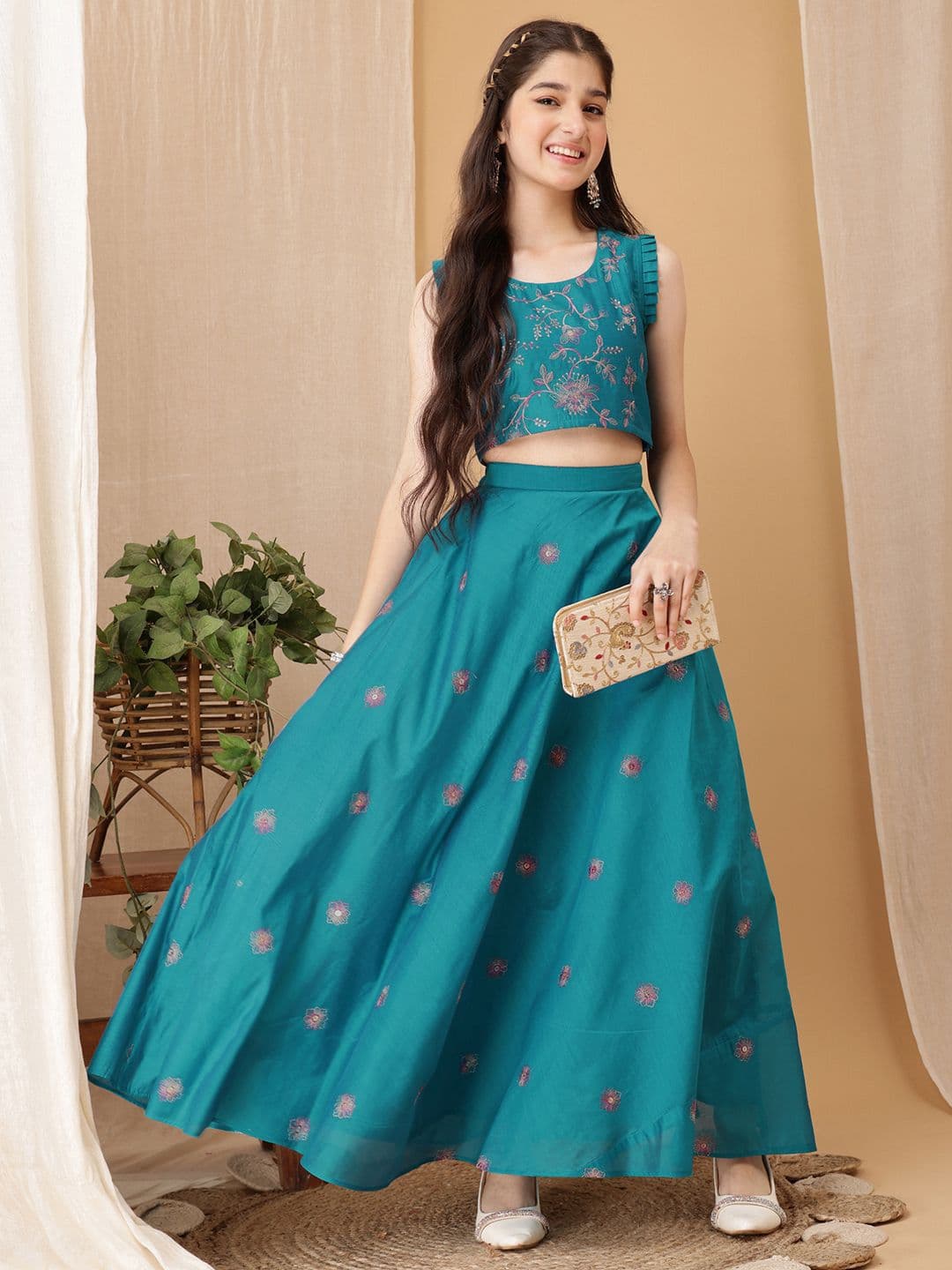 Inddus Girls Embroidered Thread Work Ready To Wear Lehenga & Choli - view 1