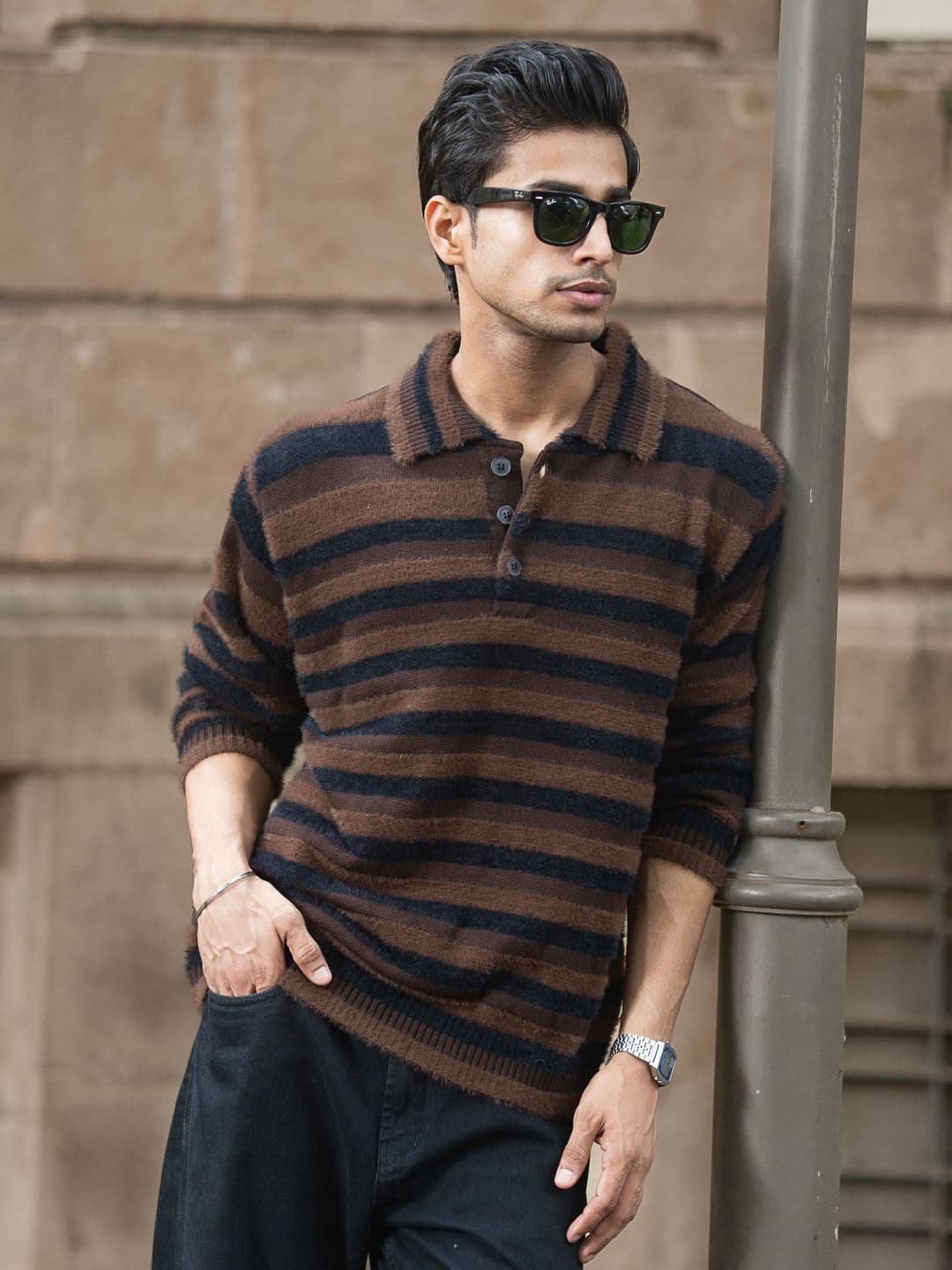 Powerlook Men Dark Brown Striped Polo Sweater - view 1