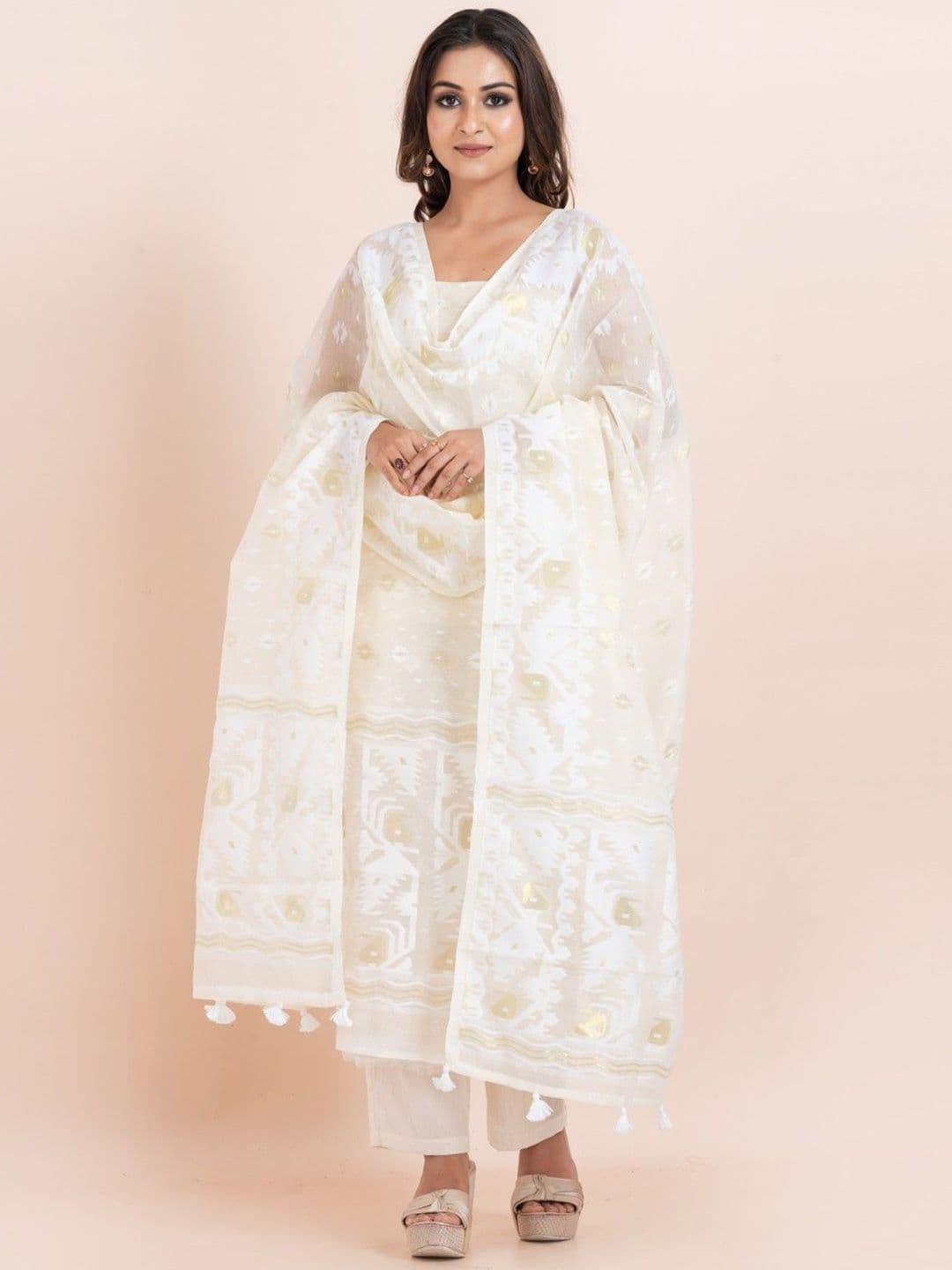 Durga Handlooms Jamdani Woven Design Zari Pure Cotton Unstitched Kurti Material with Dupatta - view 1