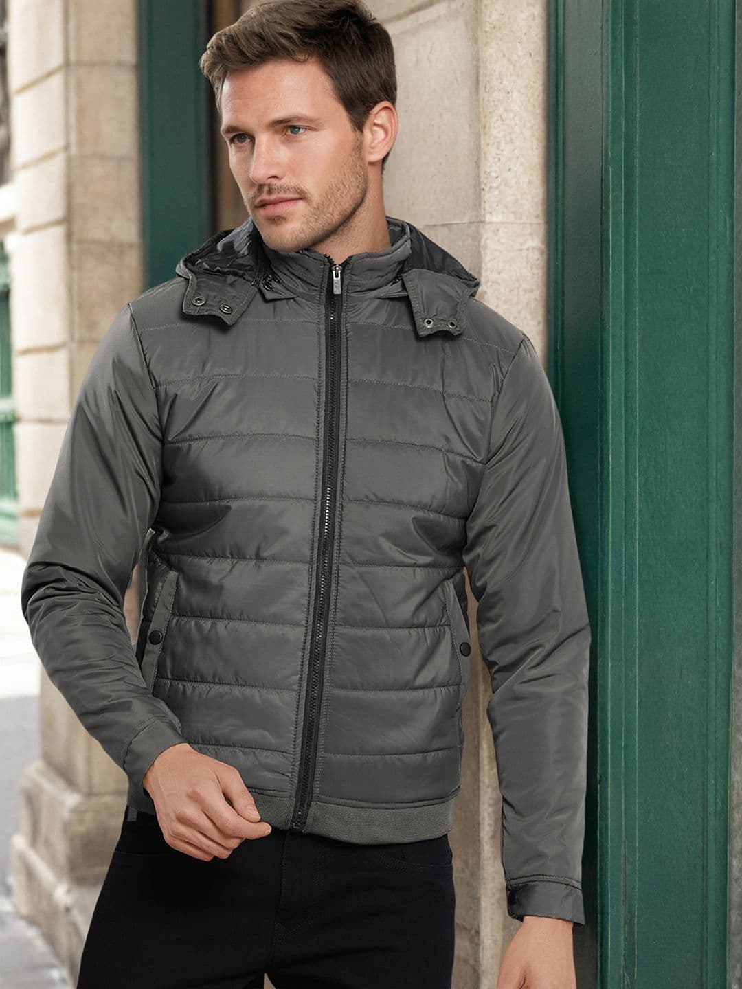 The Indian Garage Co Men Slim Fit Puffer Jacket with Detachable Hood - view 1