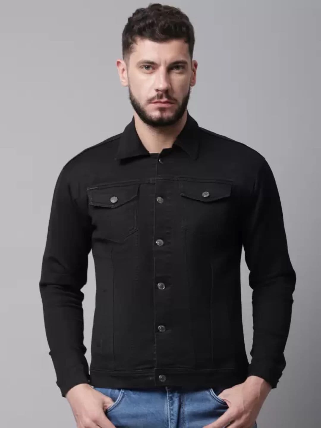 MaverIQ Men Spread Collar Solid Denim Jacket - view 1
