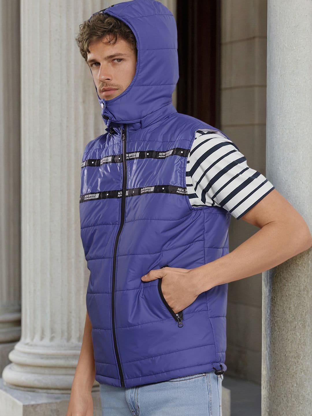 The Indian Garage Co Men Blue Solid Padded Detachable Hood Jacket - view 1