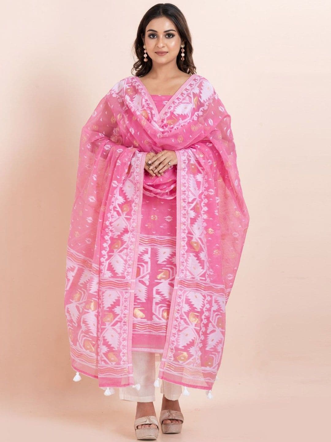 Durga Handlooms Jamdani Unstitched Woven Design Zari Pure Cotton Kurti with Dupatta - view 1