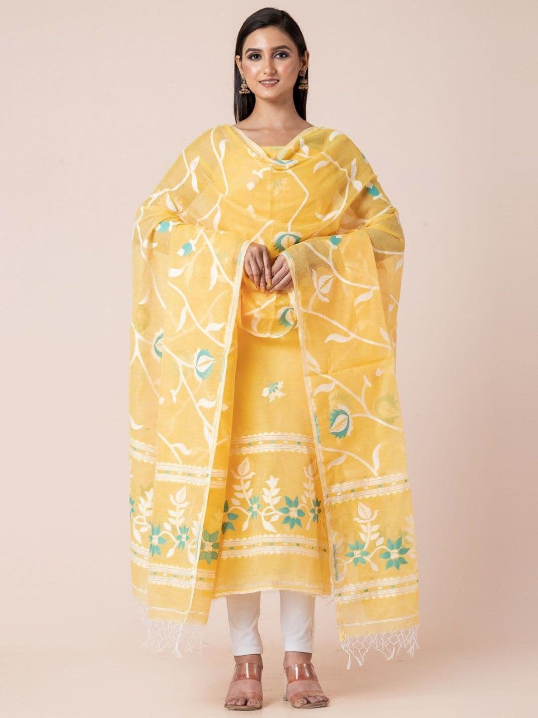 Durga Handlooms Jamdani Woven Design Zari Pure Cotton Unstitched Kurti Material with Dupatta - view 1