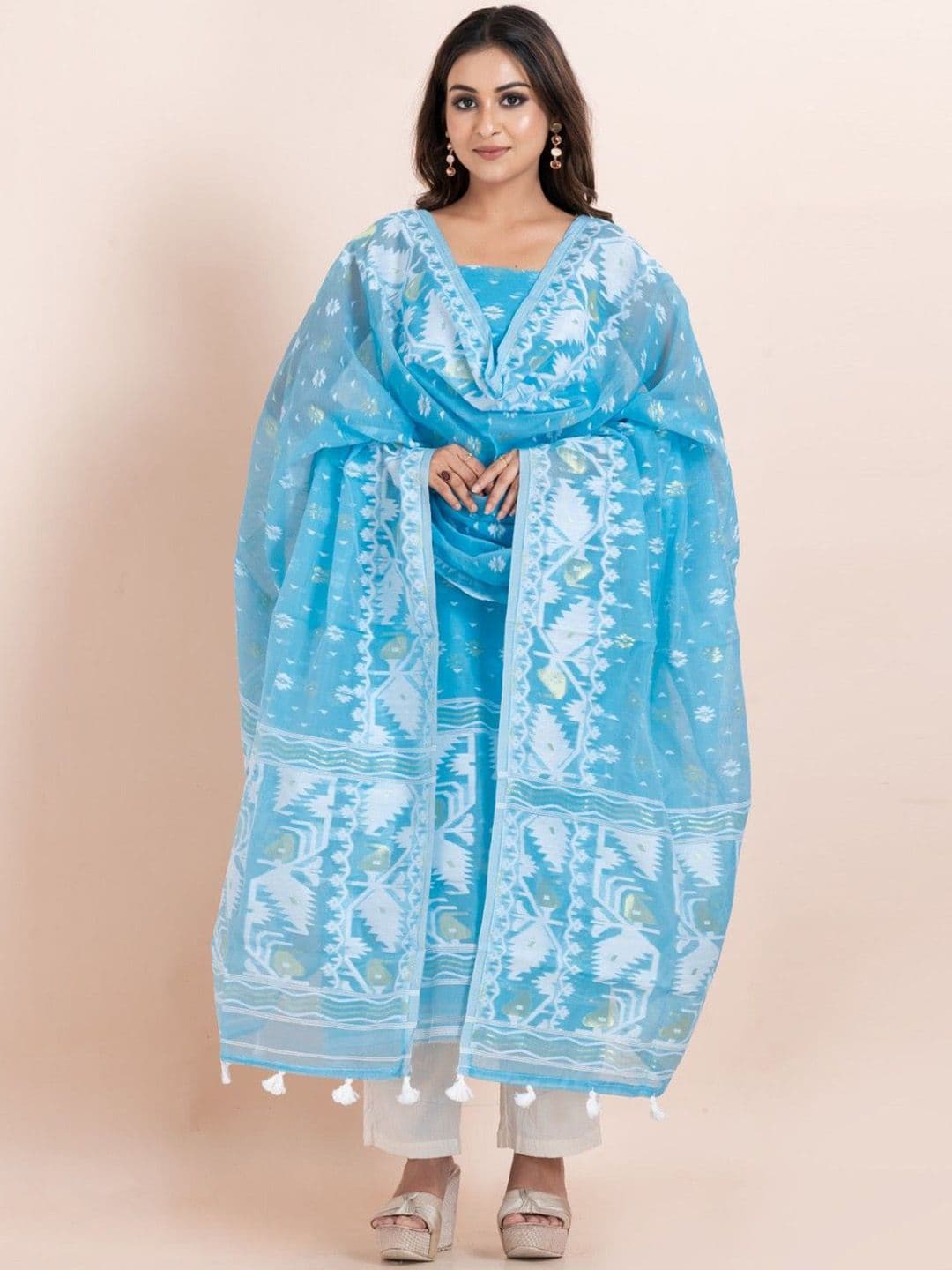 Durga Handlooms Jamdani Unstitched Woven Design Zari Pure Cotton Kurti with Dupatta - view 1