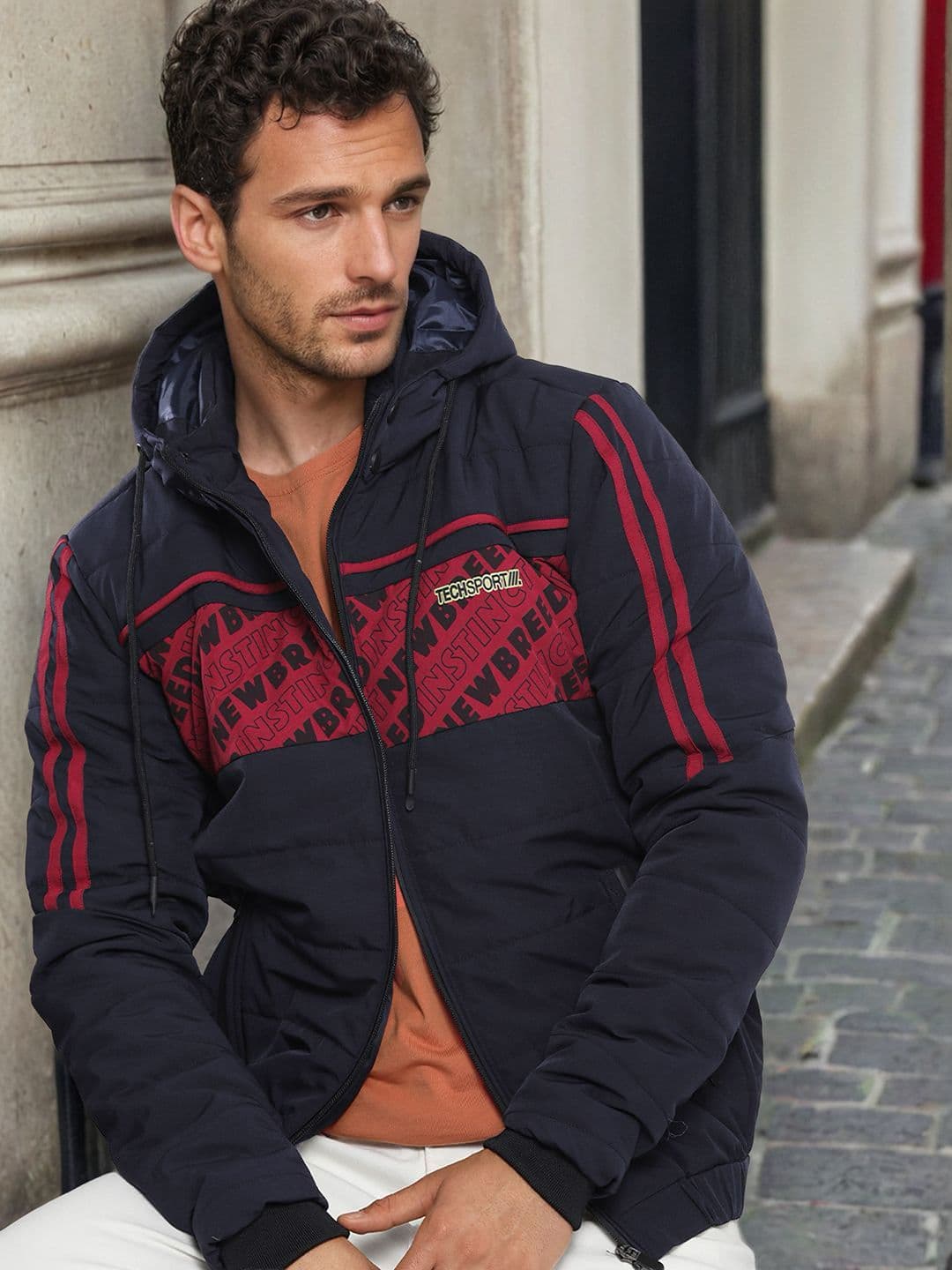 The Indian Garage Co Men Striped Detachable Hood Padded Jacket - view 1
