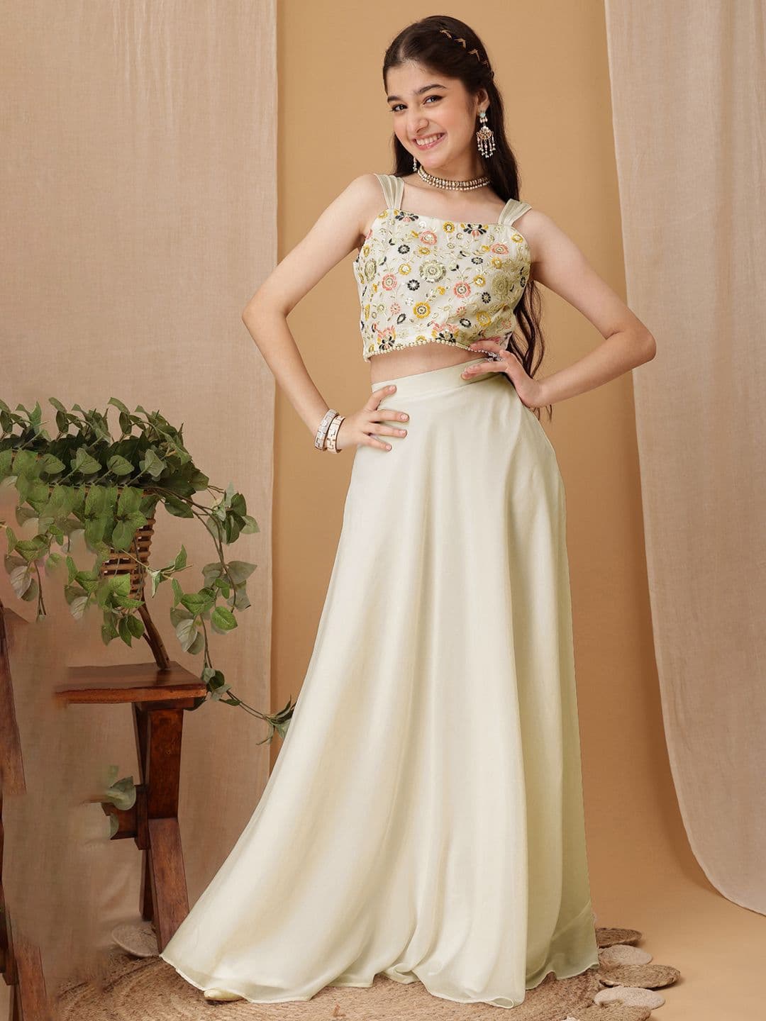 Inddus Girls Embroidered Thread Work Ready To Wear Lehenga & Choli - view 1