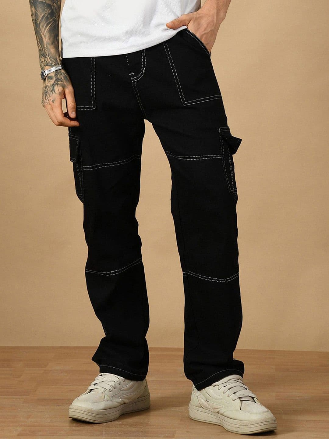 MaverIQ Men Classic Relaxed Fit Mid-Rise Embroidered Cargo Styles Stretchable Denim Jeans - view 1