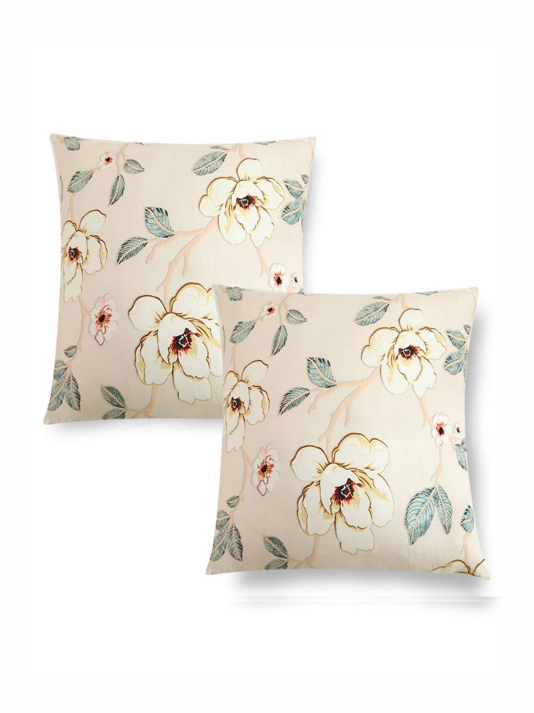 HOKIPO Cream-Coloured & Green 2 Pieces Floral Velvet Square Cushion Covers - view 1